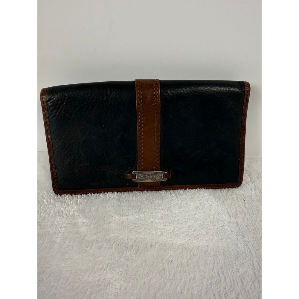 Fossil Vintage Leather Checkbook Wallet Organizer Brown Black Bifold